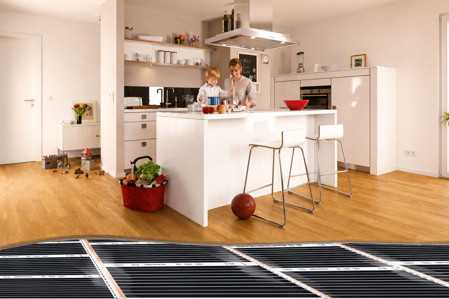 Electric carbon film underfloor heating beneath engineered hardwood flooring